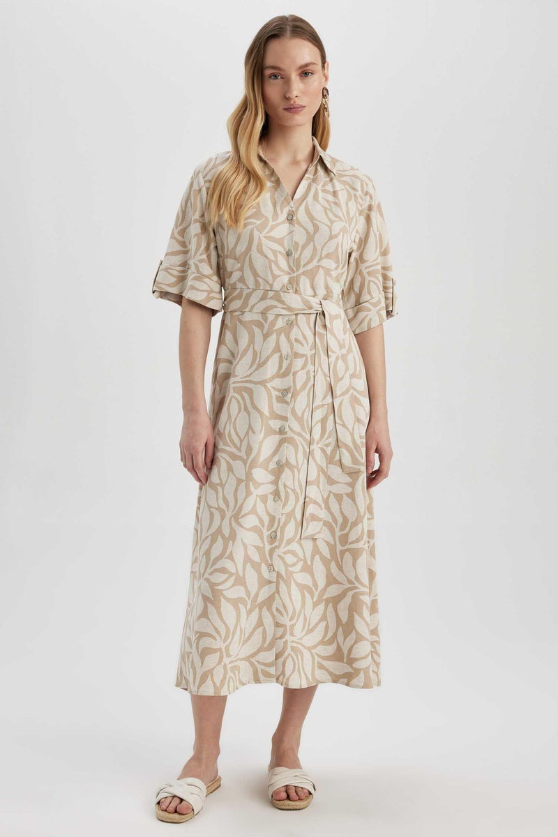 DeFacto Beige Woman Shirt Collar Patterned Short Sleeve Linen Blend Midi Dress Casual - Image 4